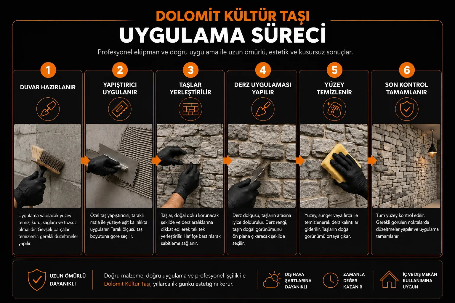 Dolomit kültür taşı uygulama sürecinin altı adımı