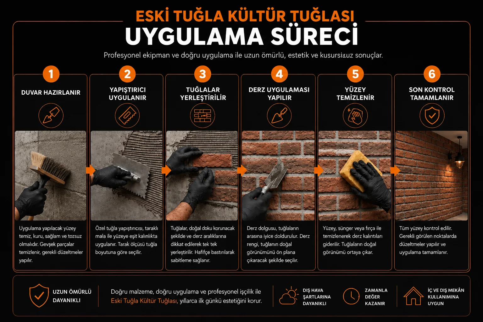 Eski Tuğla kültür tuğlası uygulama sürecinin altı adımı