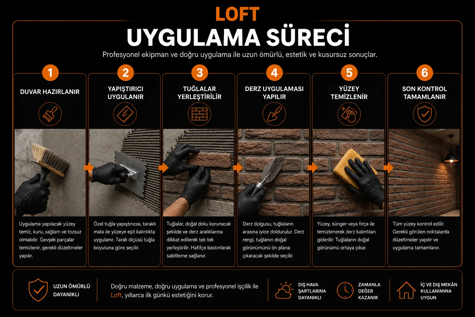 Loft kültür tuğlası uygulama sürecinin altı adımı