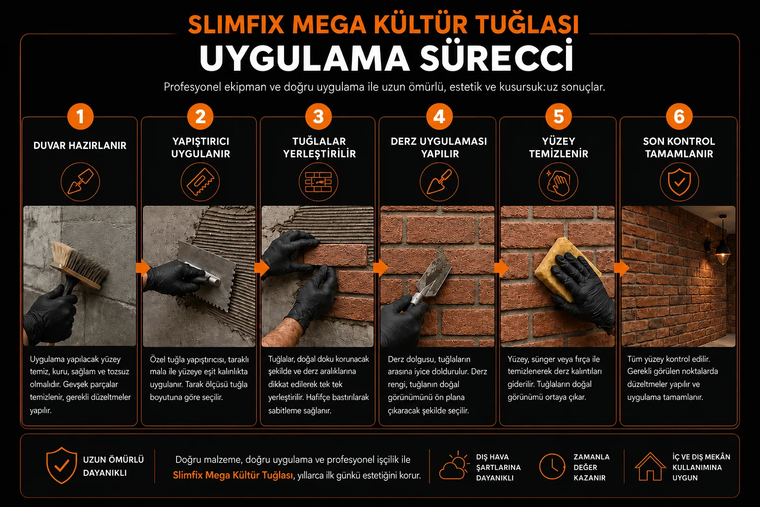 Slimfix Mega kültür tuğlası uygulama sürecinin altı adımı